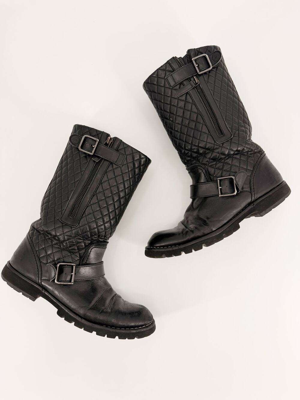 Chanel Black Quilted Calfskin Leather Motorcycle Biker Boots Size 40 EU 9.5 10